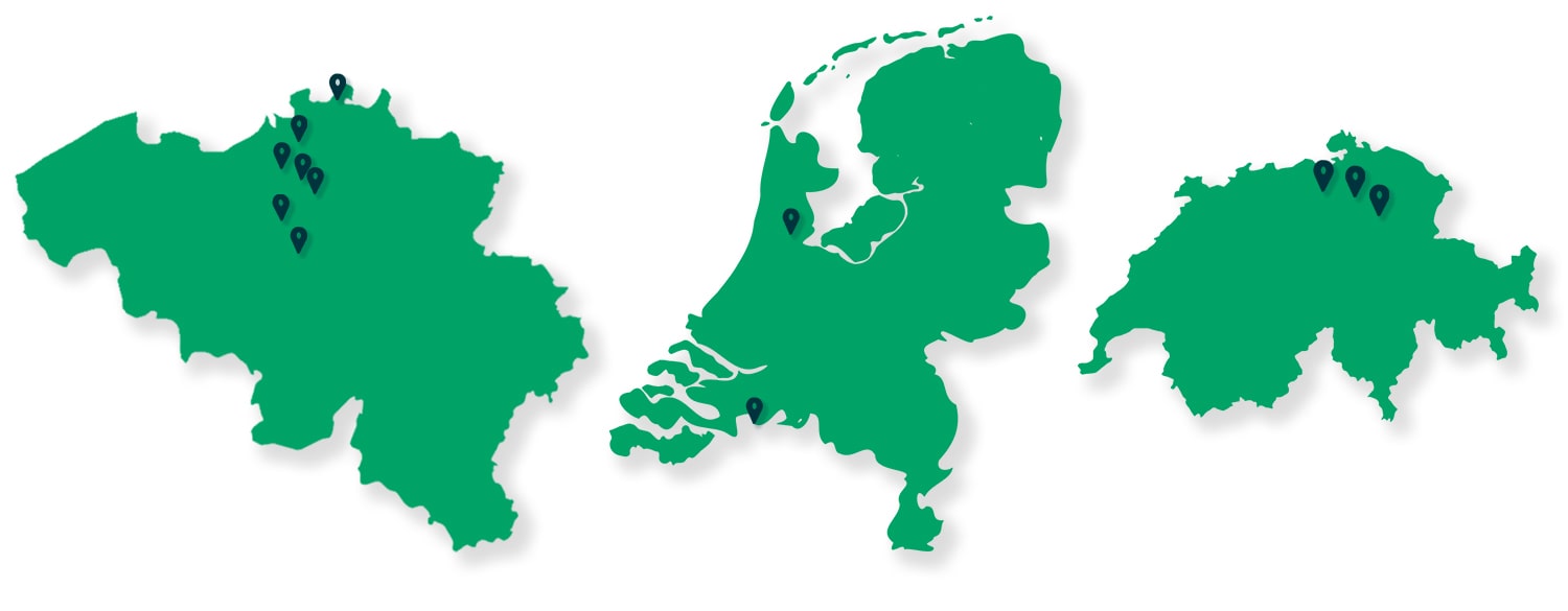Carte de la Belgique, de la Suisse et des Pays-Bas indiquant la localisation des agences Merak