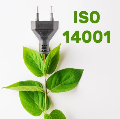 Een stekker op een witte achtergrond waarvan de kabel een tak is met groene bladeren. De tekst is ISO 14001