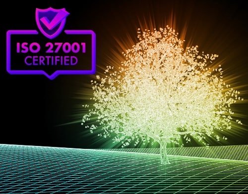 Illustratie van ISO 27001 certified met een lichtgevende boom op de achtergrond