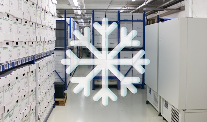 Photo of the ULT freezers with an illustration of a snowflake in the foreground